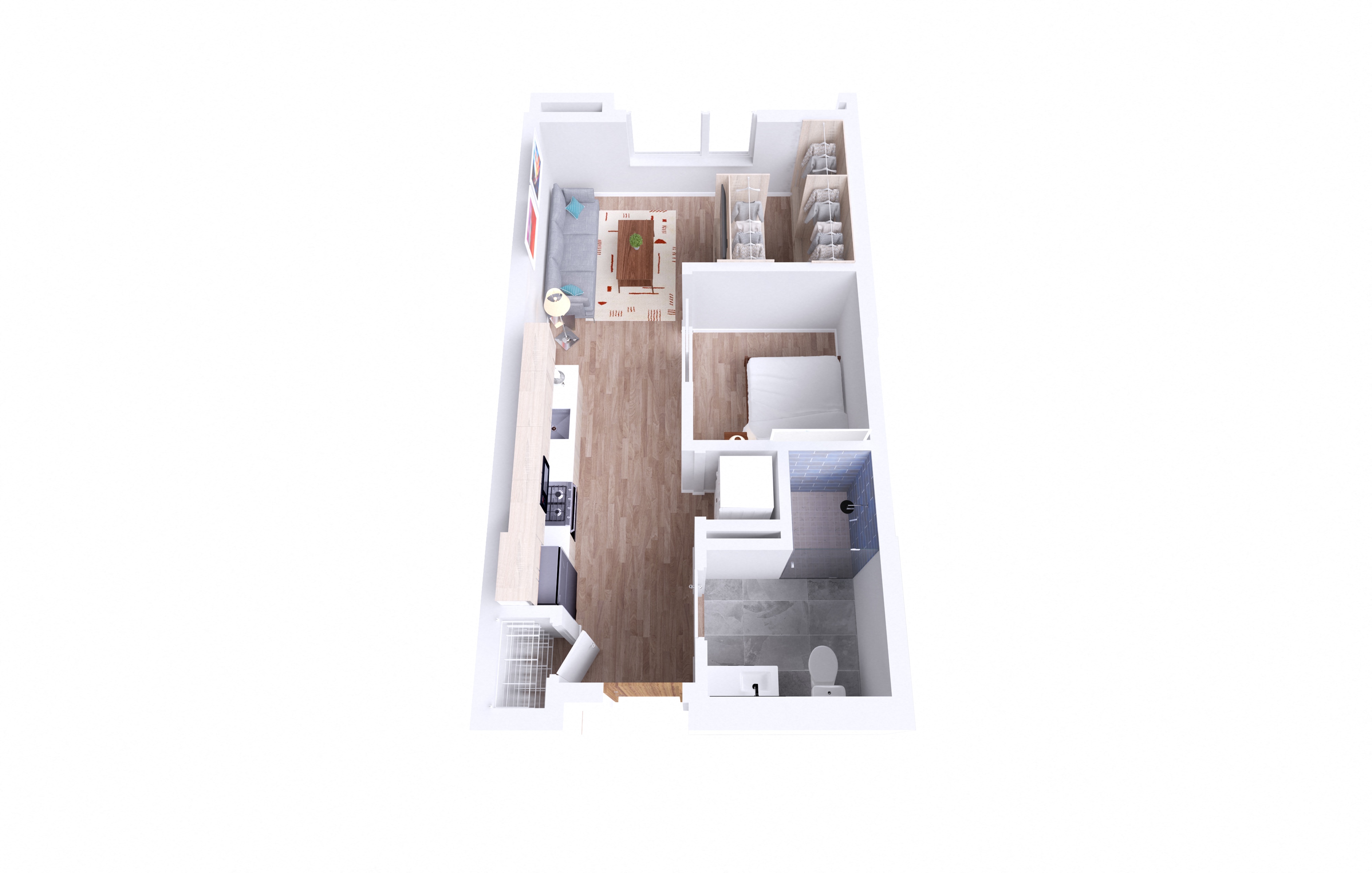Floor plan for 1 bed, 1 bath, 556 sqft